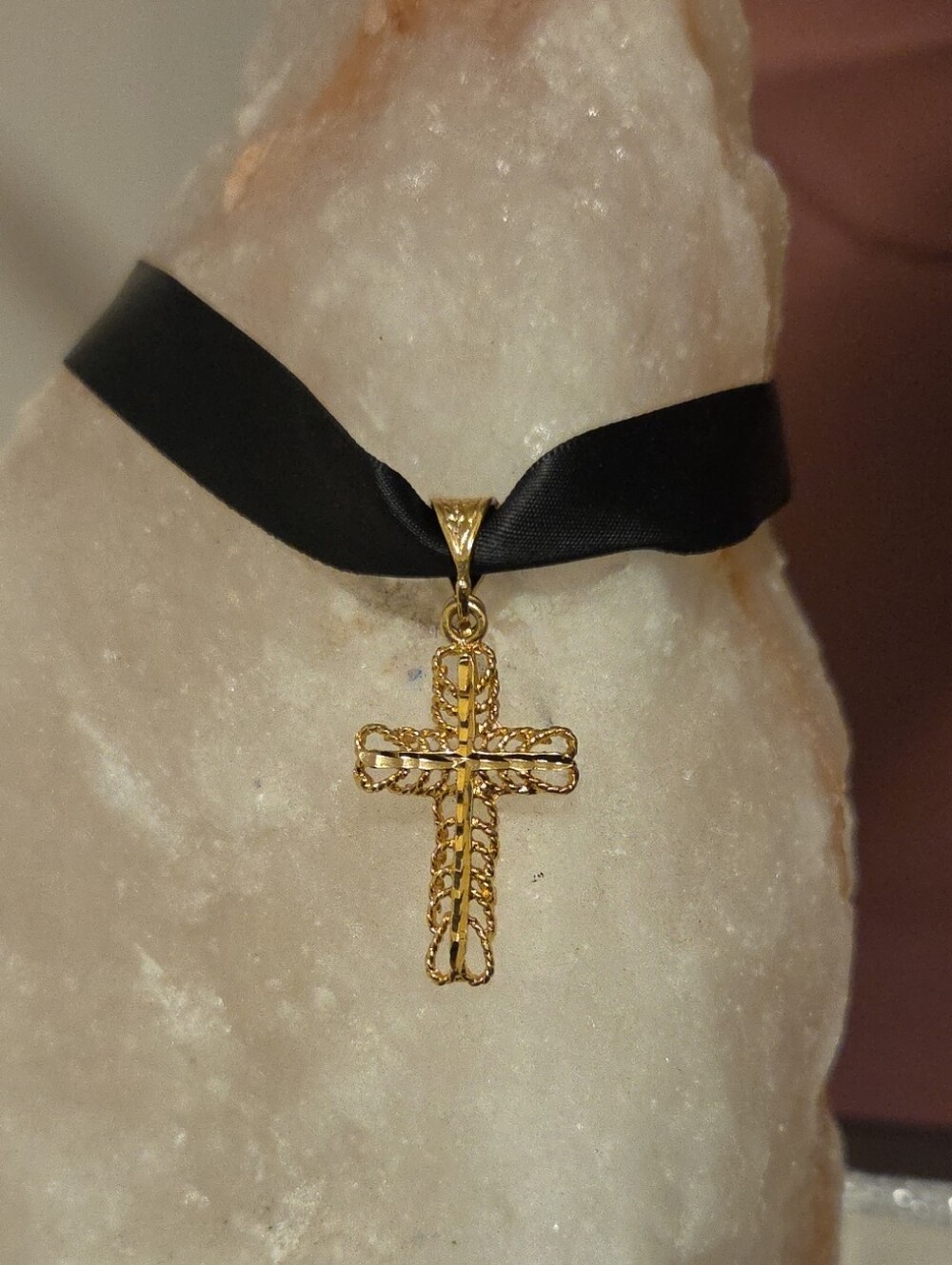 Gold Cross Pendant Choker Necklace - Black Ribbon Vanessa Mooney